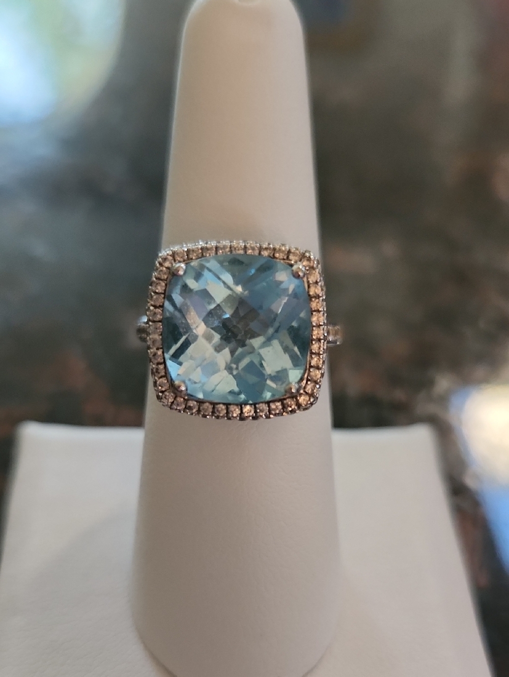 STERLING SILVER RING SIZE 6.5 WITH BLUE STONE, ORNATE PAVE SETTING